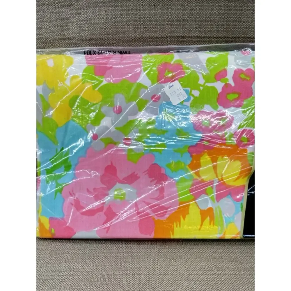 VTG Burlington House Never Iron Twin Fitted Sheet NOS Mod Floral Flowers 1960s